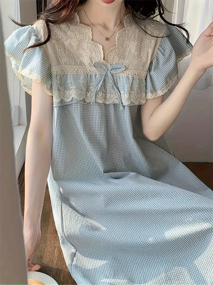 Sweet Grid Print Contrast Lace Nightgown Bow Ruffle Sleeve Loose Fit Dress Women's Sleepwear Princess Nightgown Home Clothes