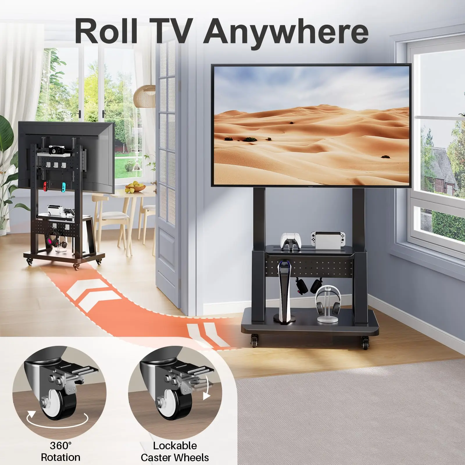 

Adjustable Mobile TV Cart - Heavy Duty Stand for 32-65" Screens, 2-Tier Shelf with Hole Board, VESA 600x400, 50kg Capacity