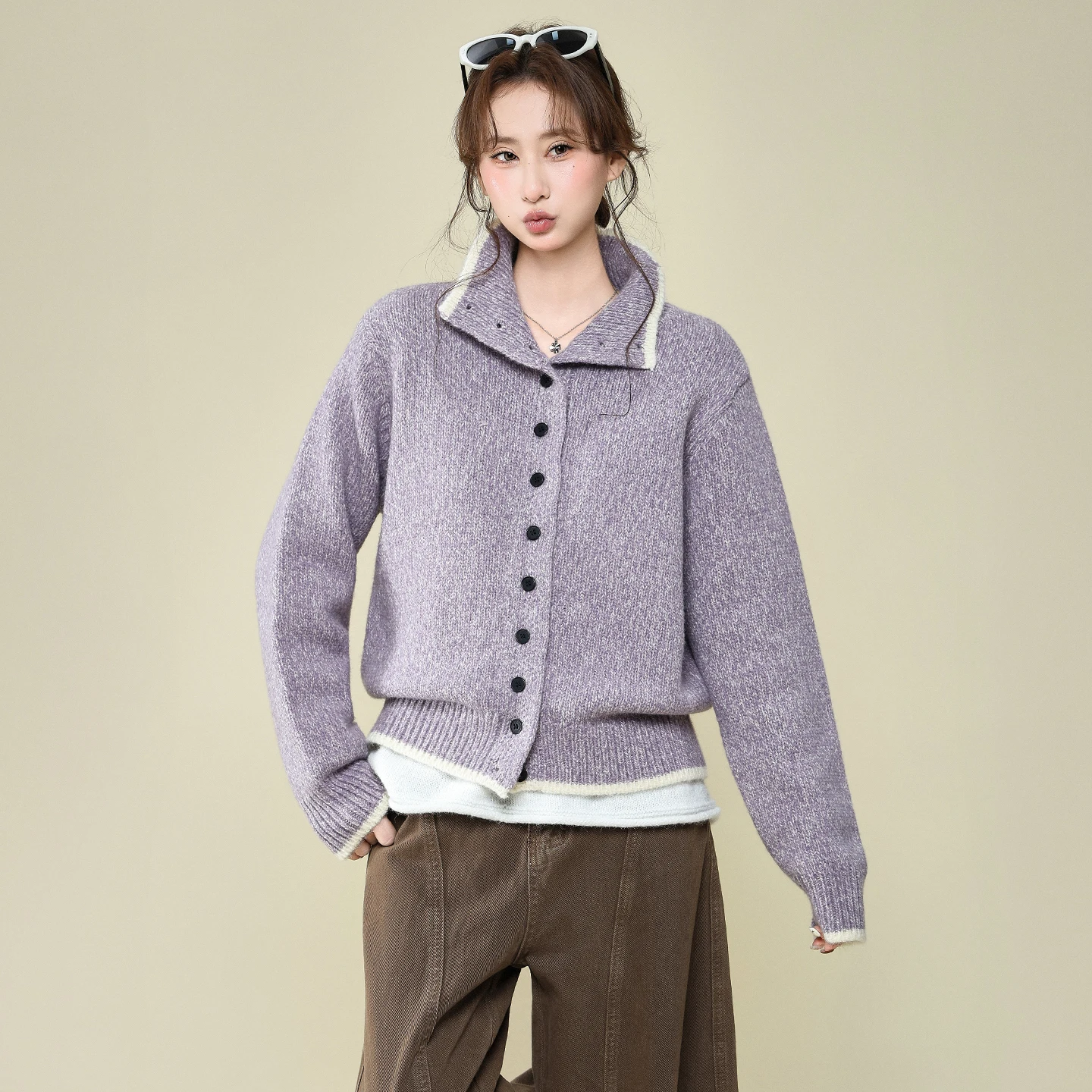 

Фиолетовый свитер с лацканами, куртка-кардиган для женщин осенью и зимой, корейский стиль, огромный и красивый, вязаный топ в легком стиле