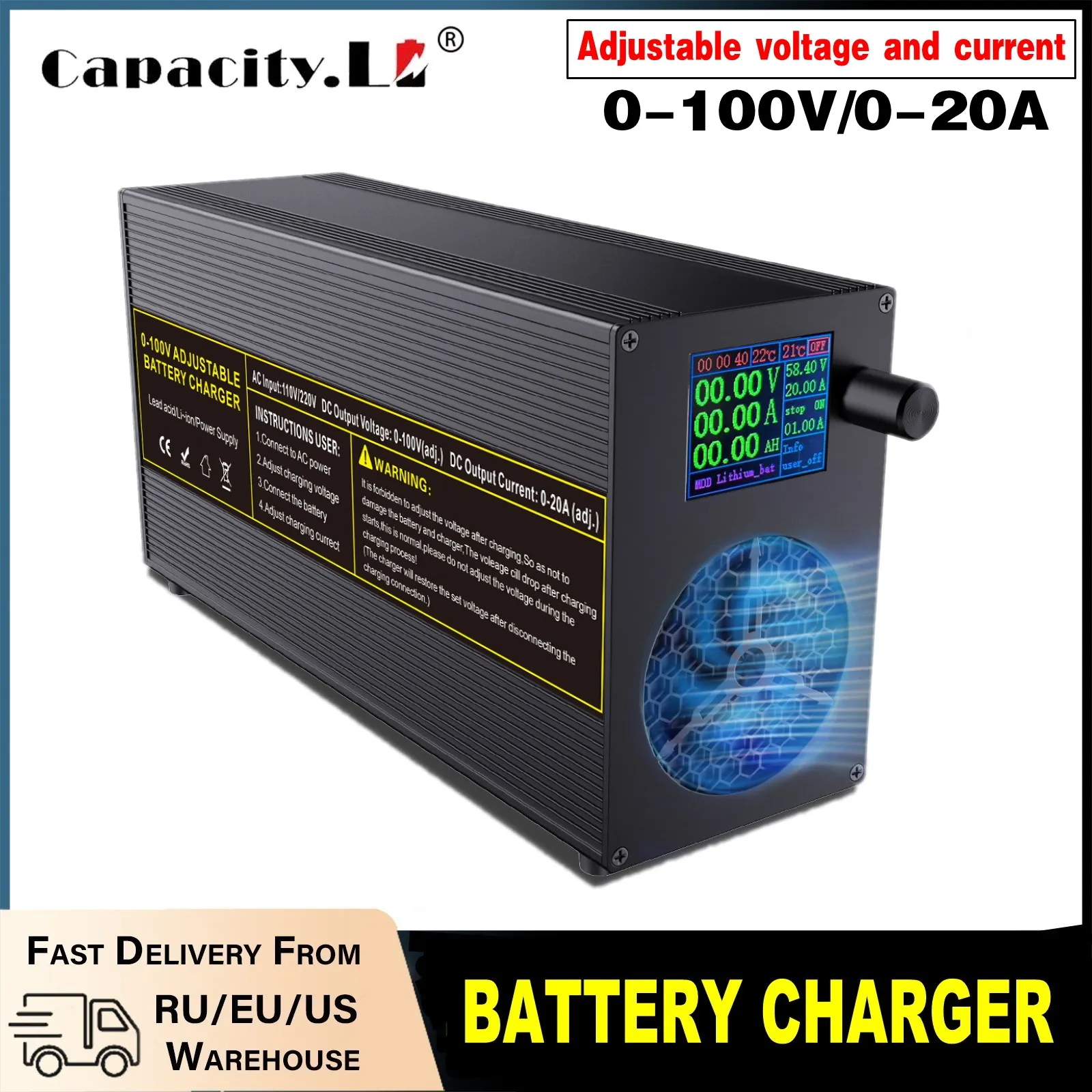 Einstellbares DC-Batterieladegerät 0-60V 40A / 0-100V 20A Intelligentes CC CV Schnell-Ladegerät Netzteil für Lithium LiFePO4 Batterien