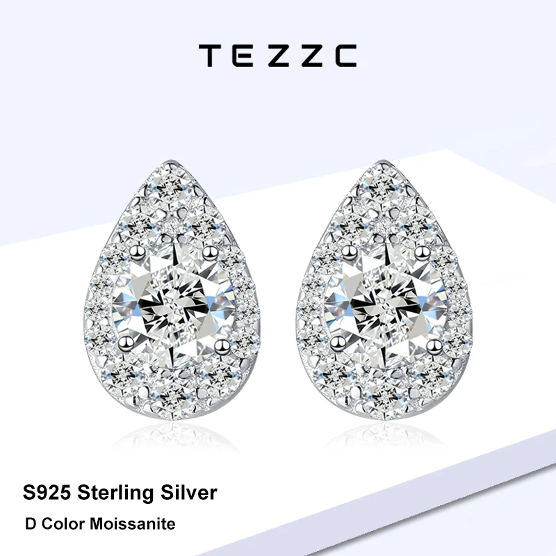 Tezzc 0.5ct Pear Cut Halo Moissanite Stud Earrings S925 Sterling Silver D Color VVS1 Bridal Earrings Wedding Party Jewelry Gift