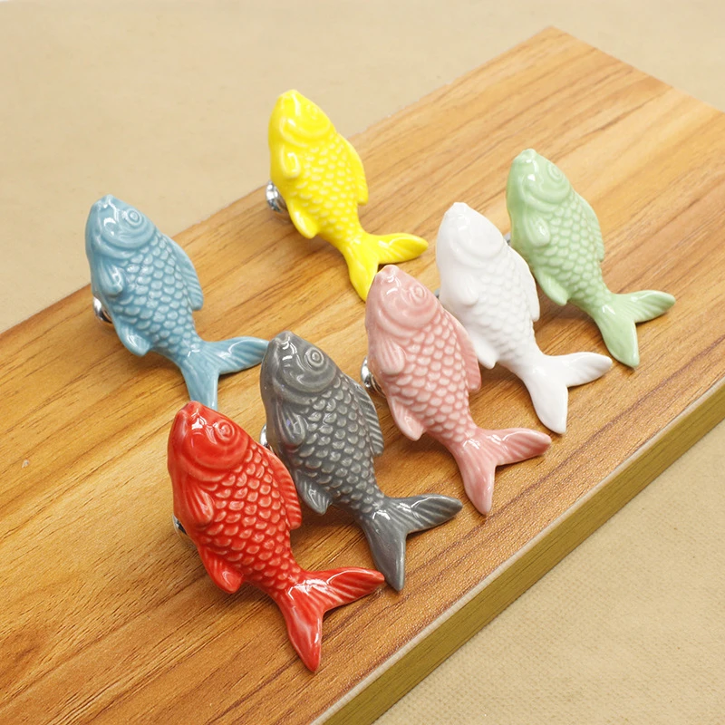Grass Carp Shape Cartoon Color Wardrobe Single Hole Ceramic Handle Furniture Bookcase Drawer Cupboard Door Handle