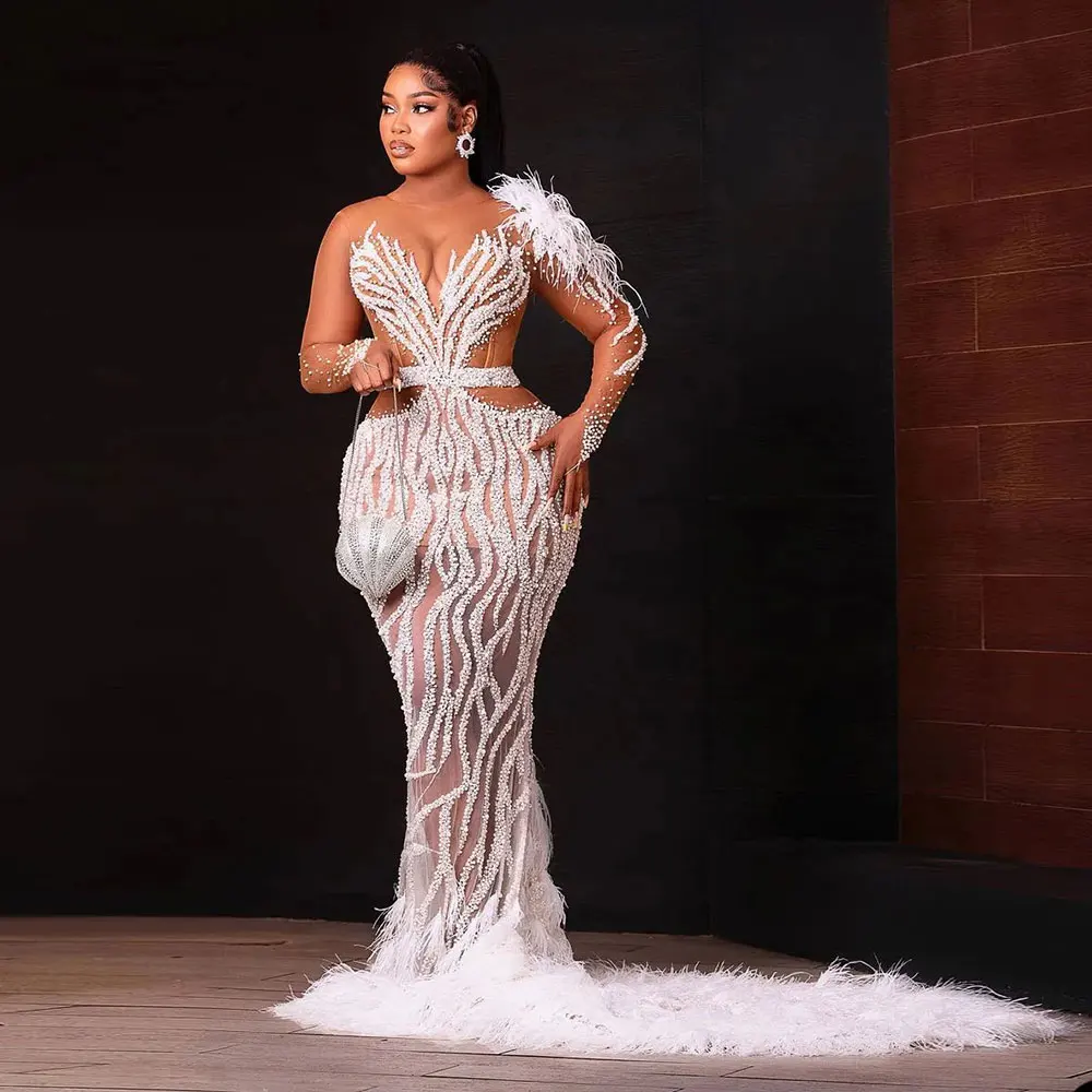 

White Lace Evening Dresses Women Feather One Shoulder Sleeves See Through Ball Gown Train Elegant Black Girl Bride Wedding Dress