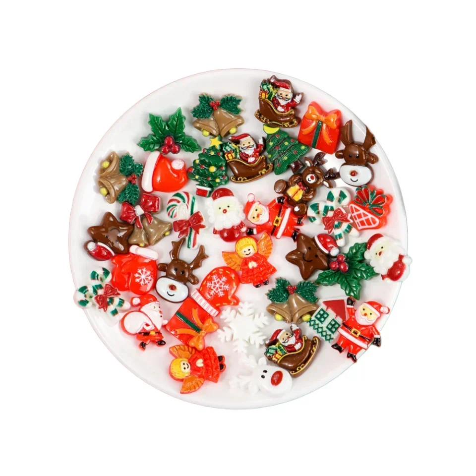 50pcs Resin Christmas Flatbacks Santa Snowman Snowflake Holly Xmas Tree Mixed Cabochons For Scrapbooking DIY Crafts Hair Jewelry