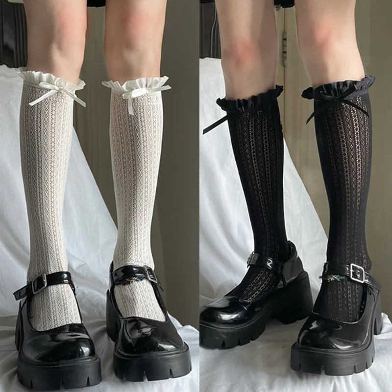 Pizzo sottile pizzo bianco calzini di media lunghezza Lolita ragazze calza francese retrò danza donne carino moda metà polpaccio lunghezza Bunching Sox