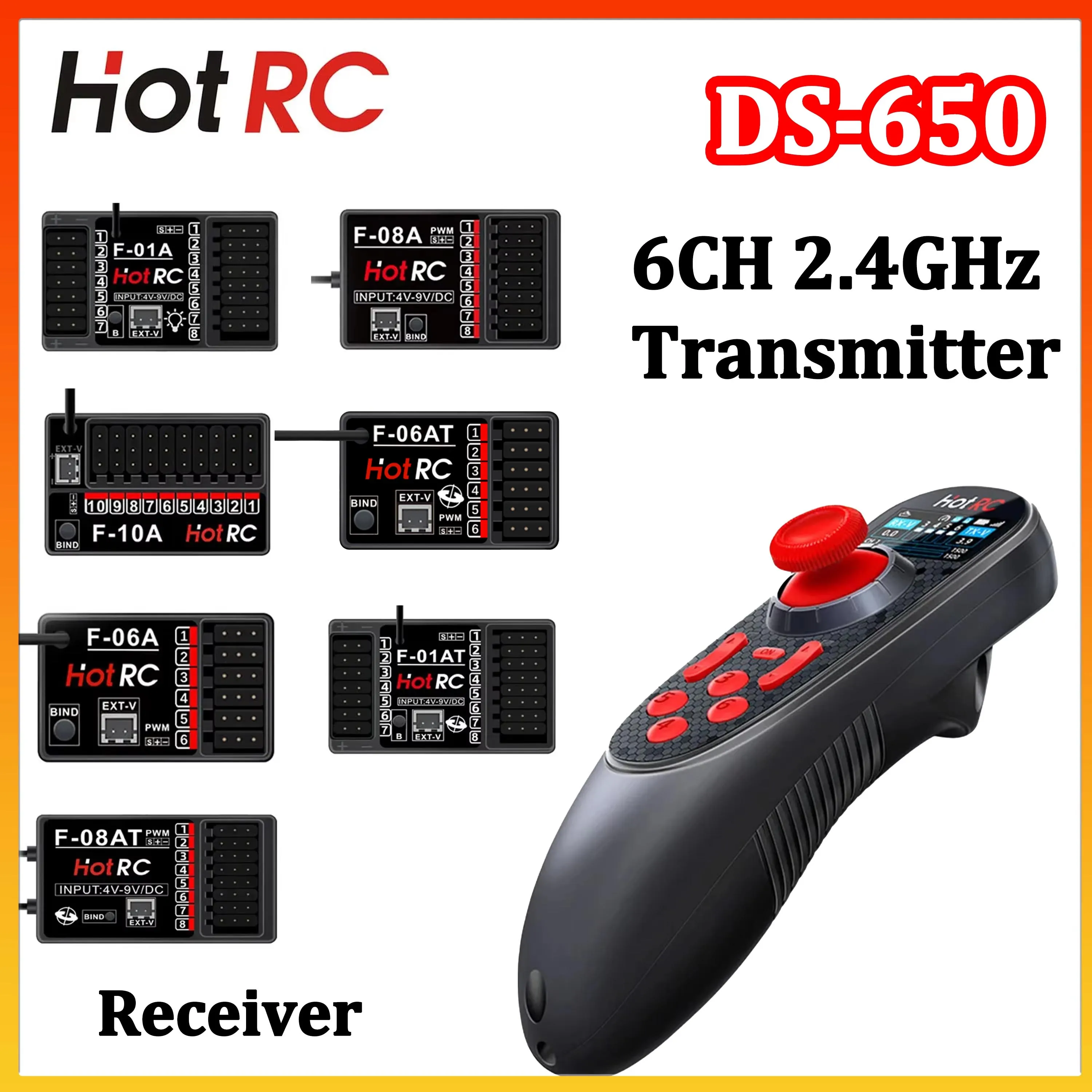 HOTRC DS-650 6-kanałowy system radiowy 2.4G z kolorowym ekranem, pilot zdalnego sterowania F-01A F-06AT F-08A, odbiornik z żyroskopem do łodzi RC
