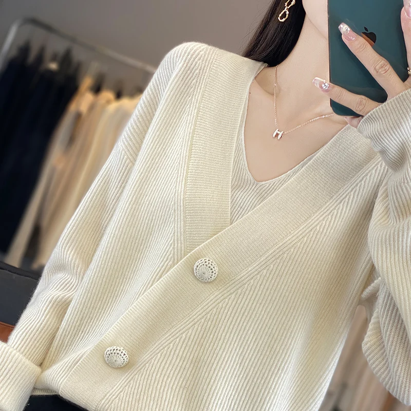 2024 Autumn/Winter New 100% Pure Wool Jacket Knitted Sweater For External Wearing, Casual Loose Top Knitted Cardigan