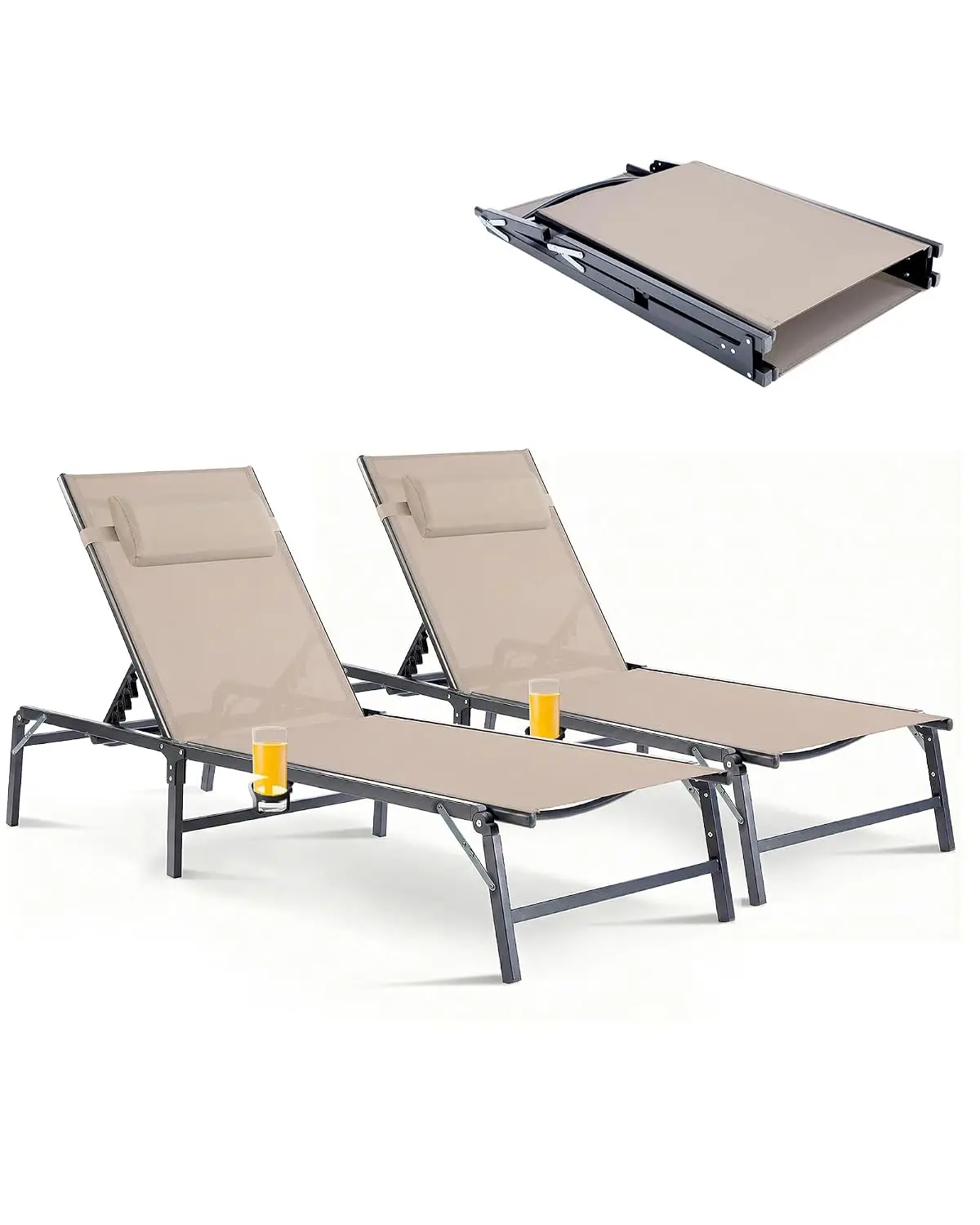 Foldable Chaise Lounge with Cup Holder & Pillow, 6-Position Adjustable Backrest, Assemble-Free Customized