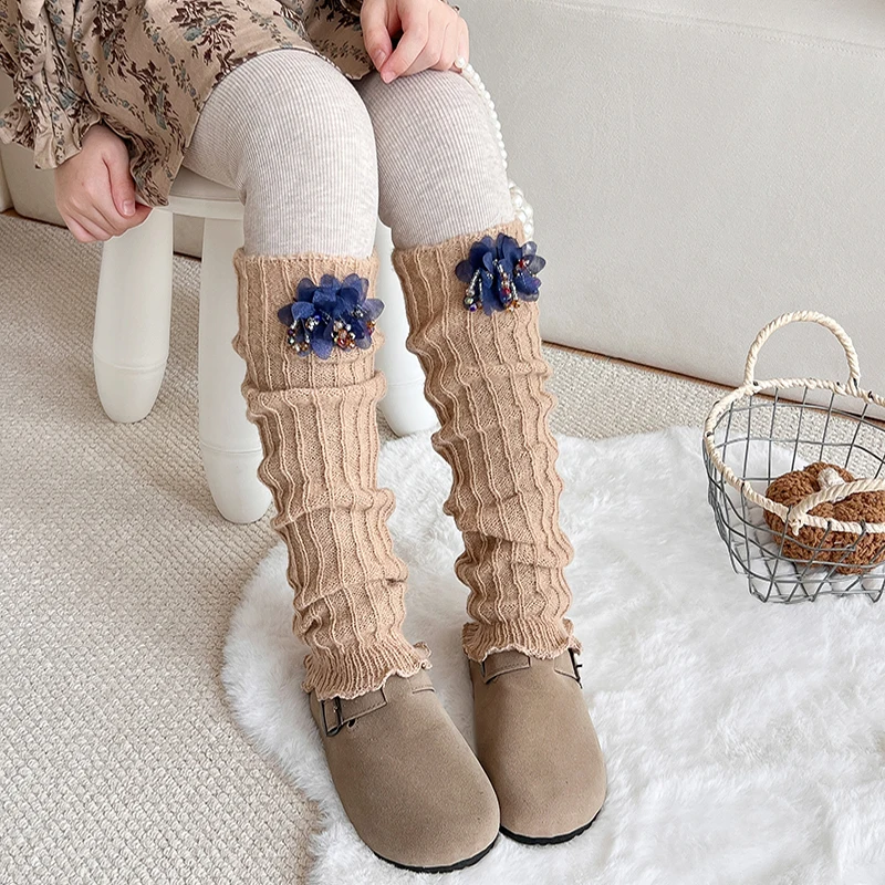 Lolita Girls Knitted Leg Warmers With Beaded Blue Floral Decor Soft Elastic Skin-Friendly Knit Fabric Sweet Princess Sock Covers - view 3
