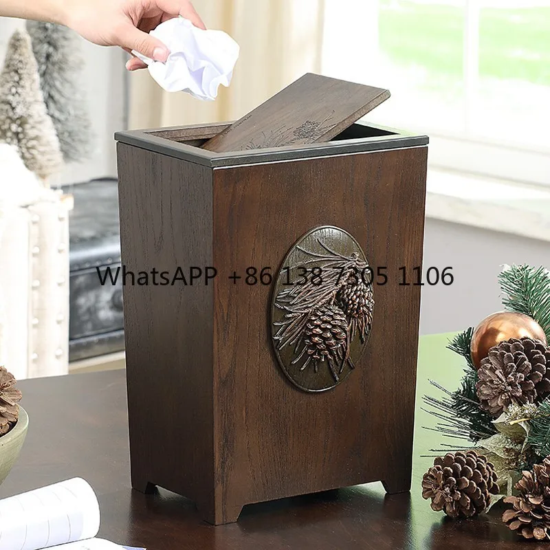 

American wooden trash can household with lid large living room toilet kitchen creative trash can hotel office