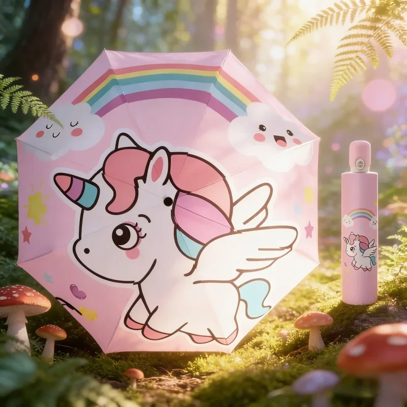 Paraguas Infantil con Dibujos Animados de Unicornio, Plegable Totalmente Automático, Resistente al Viento, con Revestimiento Negro Anti-UV, para Lluvia y Sol, Productos Diarios