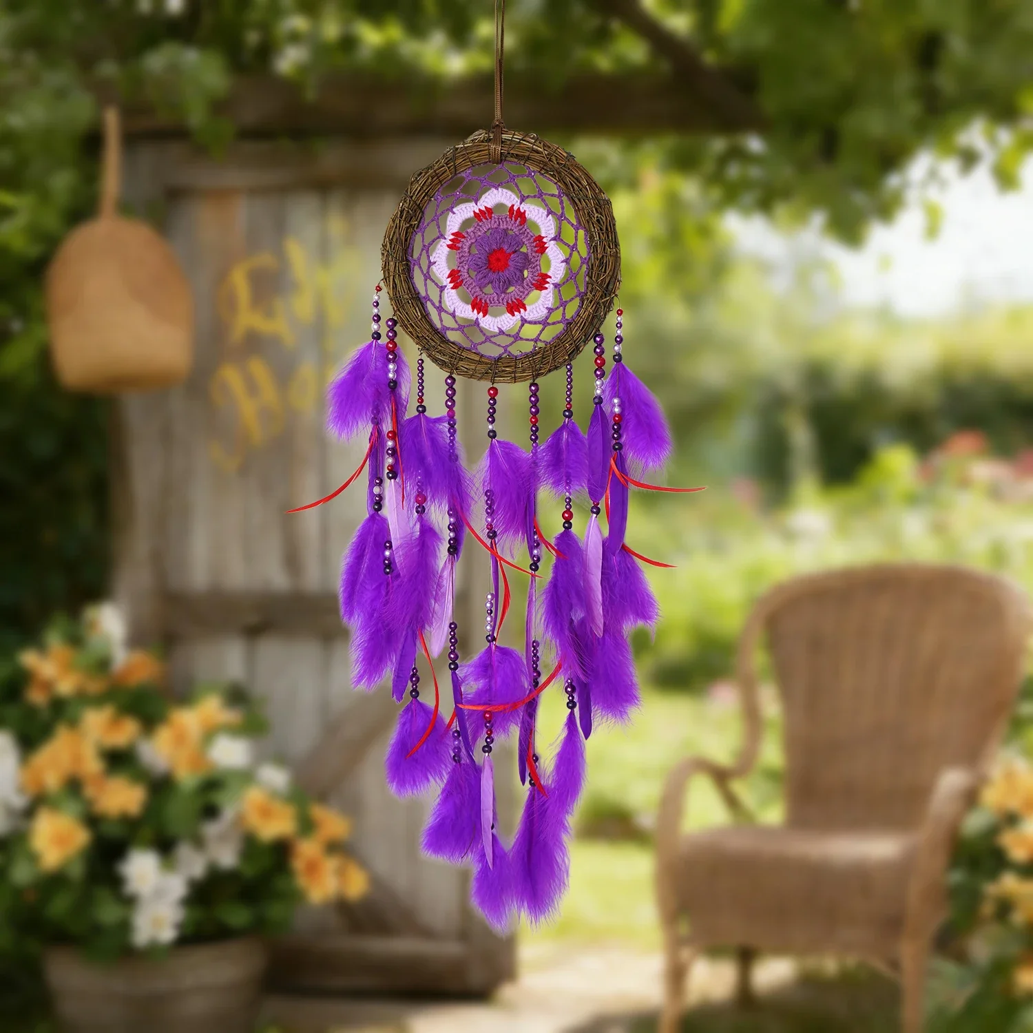Bohemian Wreath Dream Catcher Crochet Flower Purple Feather Wall Hanging Wind Chimes  for Home Bedroom Wedding Decor Gifts