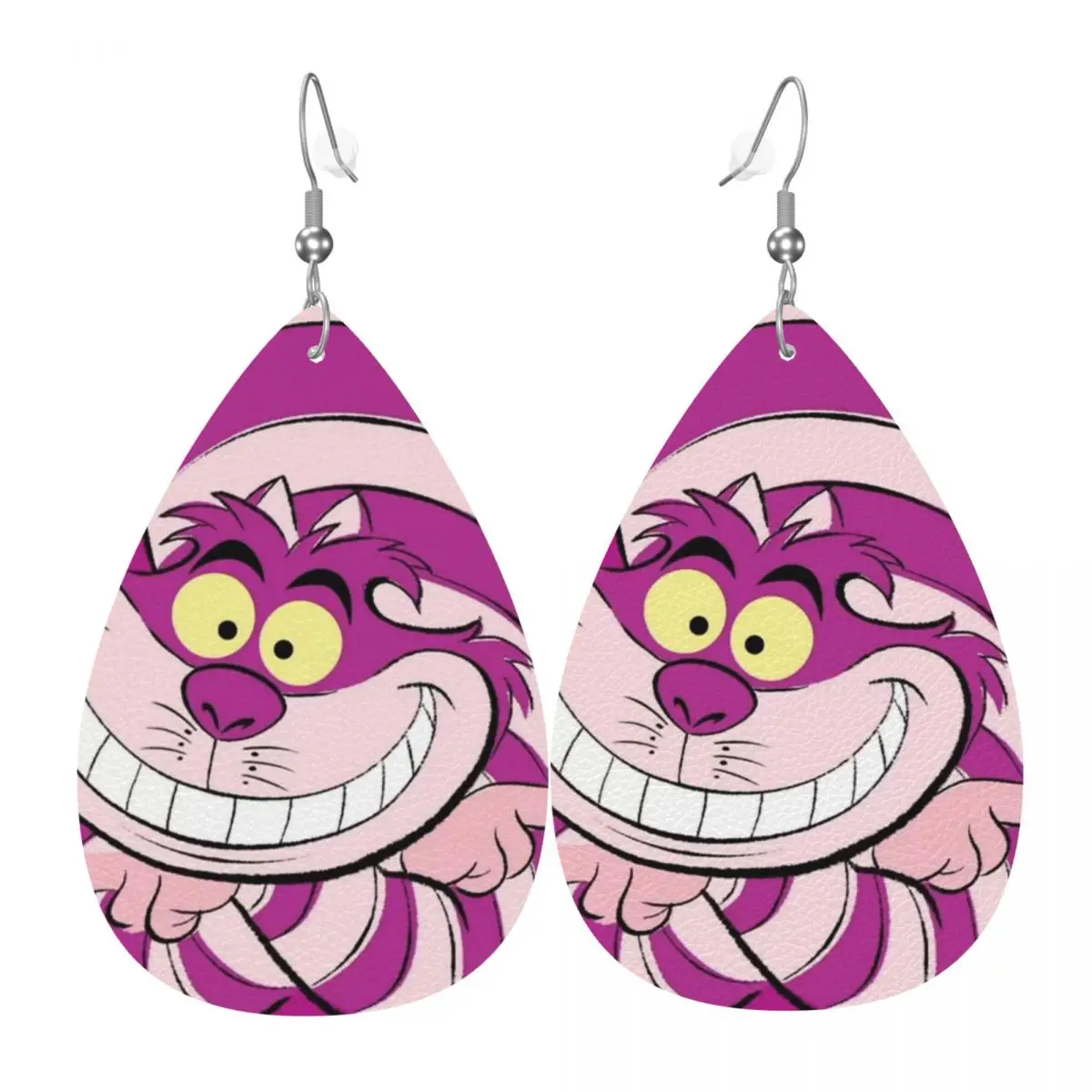 

Custom Cheshire Cat Cartoon PVC Leather Earrings Dangle Earrings Jewelry For Women Alice in Wonderland For Wife Mother Gift