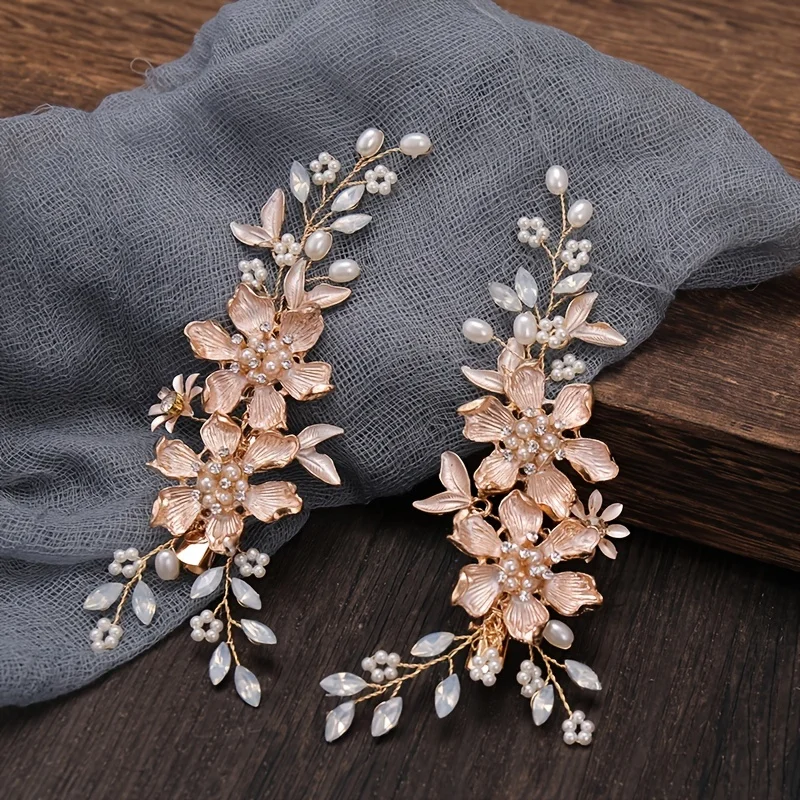 Gold Color Flower Pearl Hair Clip Headband Rhinestone Leaf Hair Accessories For Women Barrette Pearl Clips For Bride Headpiece