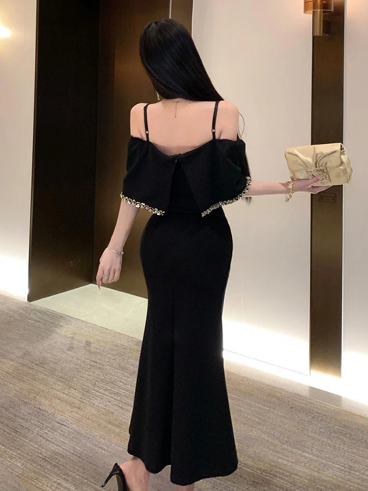 우아한 럭셔리 블랙 슬링 패션 맥시 드레스 여성용 리본 바디콘 머메이드 이브닝 파티 프롬 가운 로브 베스티도 여성 정장 신상