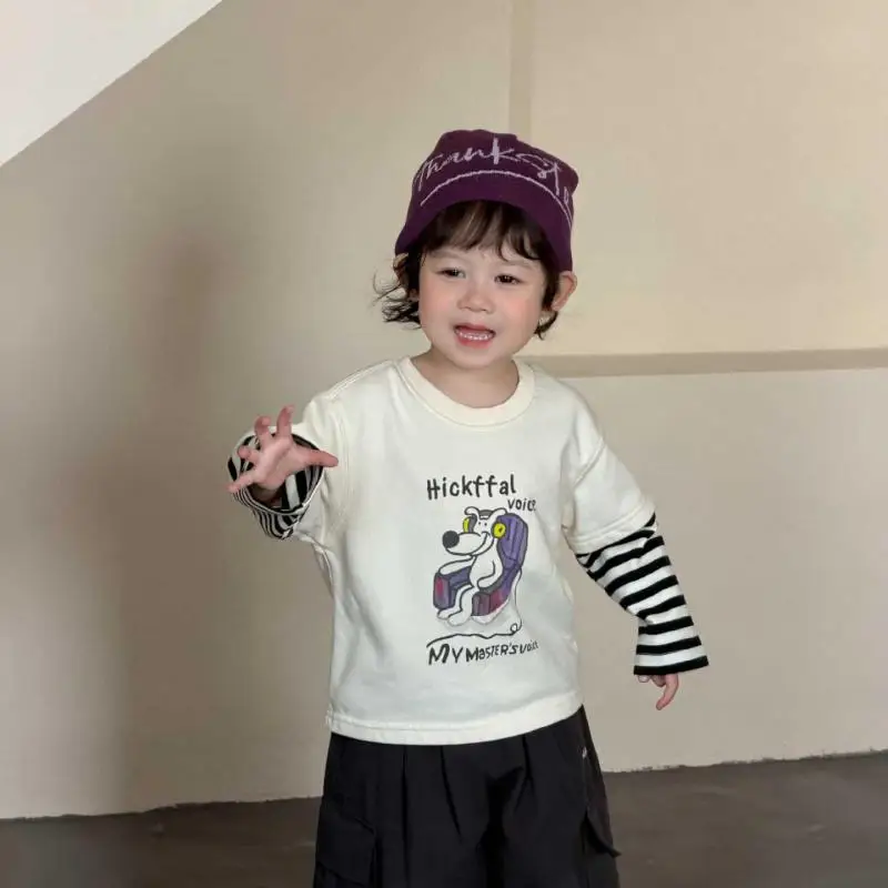 2026 Spring New Baby Long Sleeve Splicing T Shirts Infant Boys Cotton Tops Girls Cartoon Print Bottoming Shirts Toddler Clothes