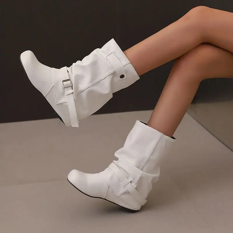 Kcenid المرأة جولة تو الانزلاق على منتصف العجل الأحذية مشبك الموضة مريحة الارتفاع زيادة حذاء من الجلد للنساء حجم 34-50 #6