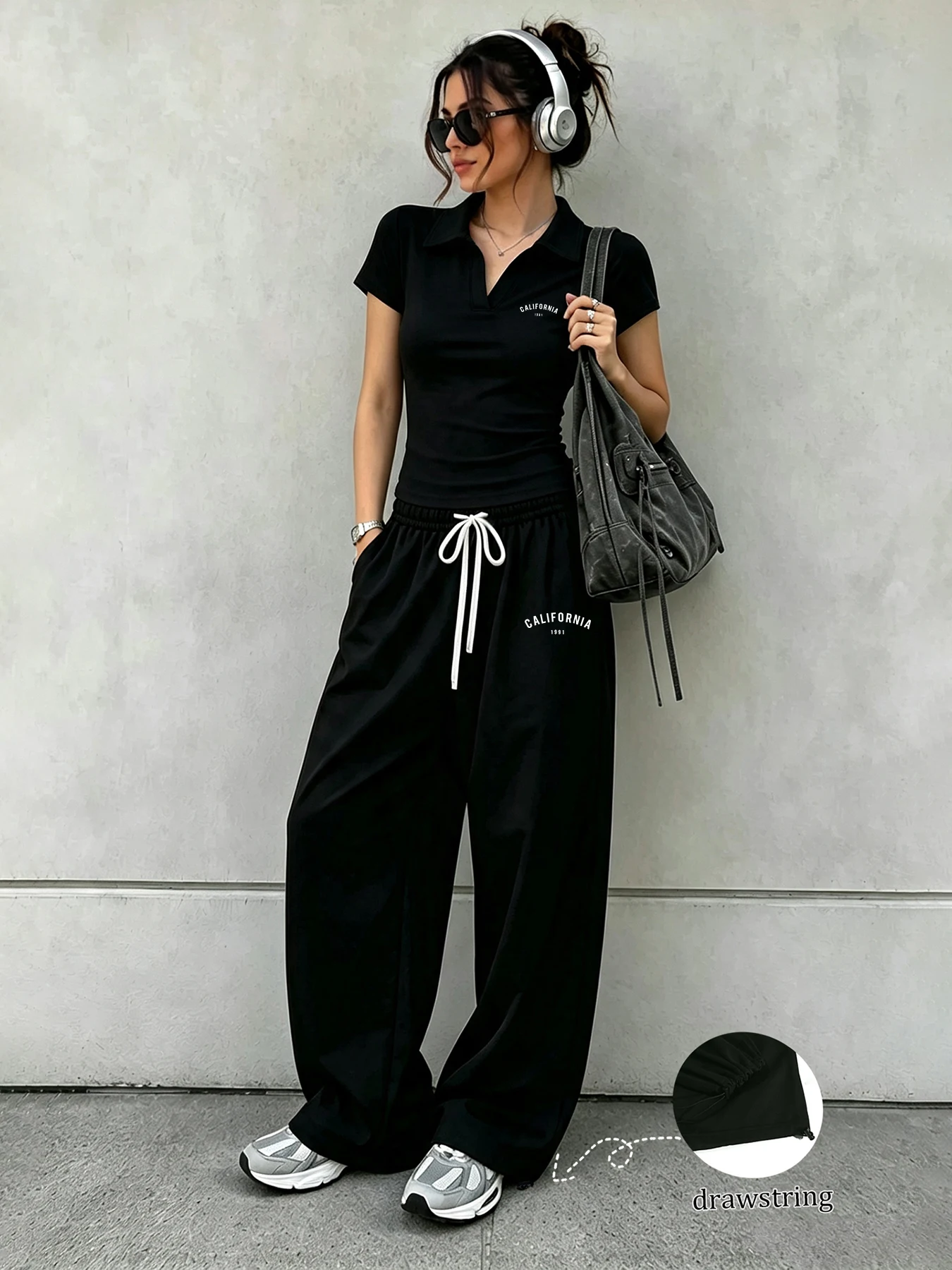 Gothic-style matching set: street-dance-print sweatpants with an elastic waistband and a short-sleeved polo shirt.
