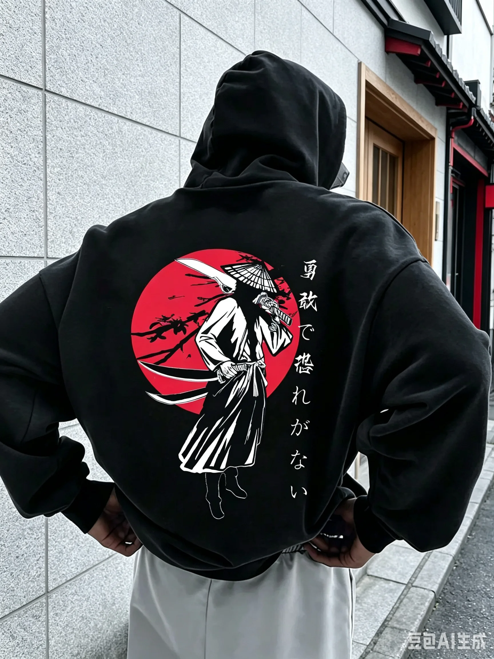 Men Fall Winter Y2K Oriental Hoodie Vintage Ink Ronin Warrior Katana Vertical Kanji Graphic Soft Fleece Hooded Sweatshirt