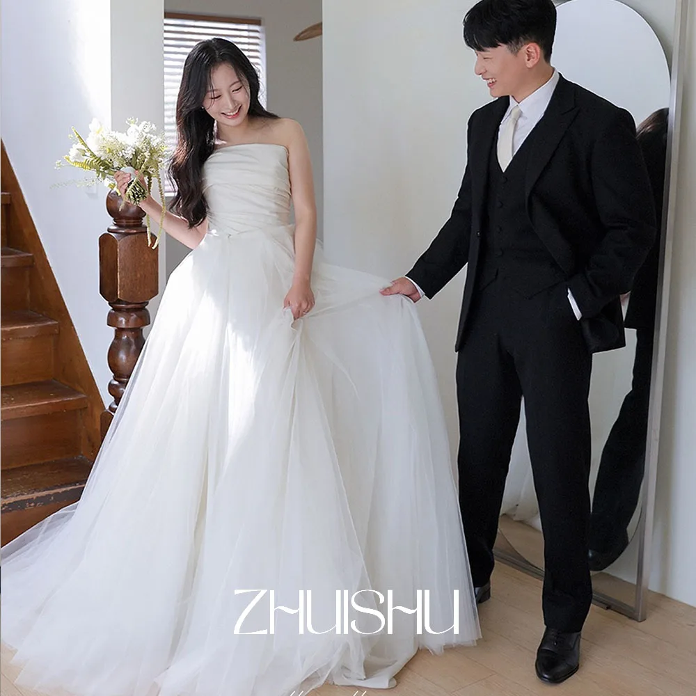 Zhuishu sem alças macio tule em camadas vestidos de casamento coreano sessão de fotos em camadas vestidos de noiva de fadas festa à noite personalizado