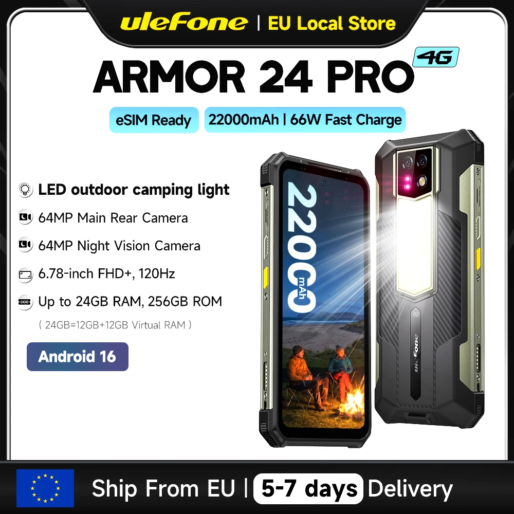 [Ingebouwde eSIM] Ulefone Armor 24 Pro 22000mAh 4G robuuste smartphone Android 16 Helio G200 6.78" 120Hz tot 24GB+ 256GB 64MP nachtzicht waterdicht veelzijdig LED-licht wereldwijde versie NFC