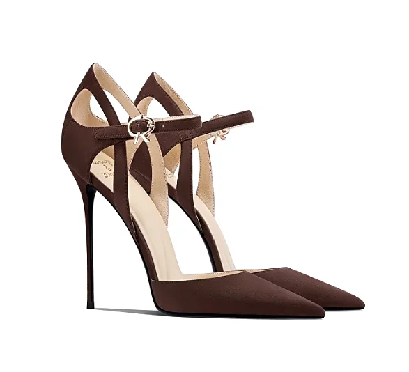 Hollow out design with brown pointed suede for spring and summer, new high-end toe caps, slim heels, high heels for women