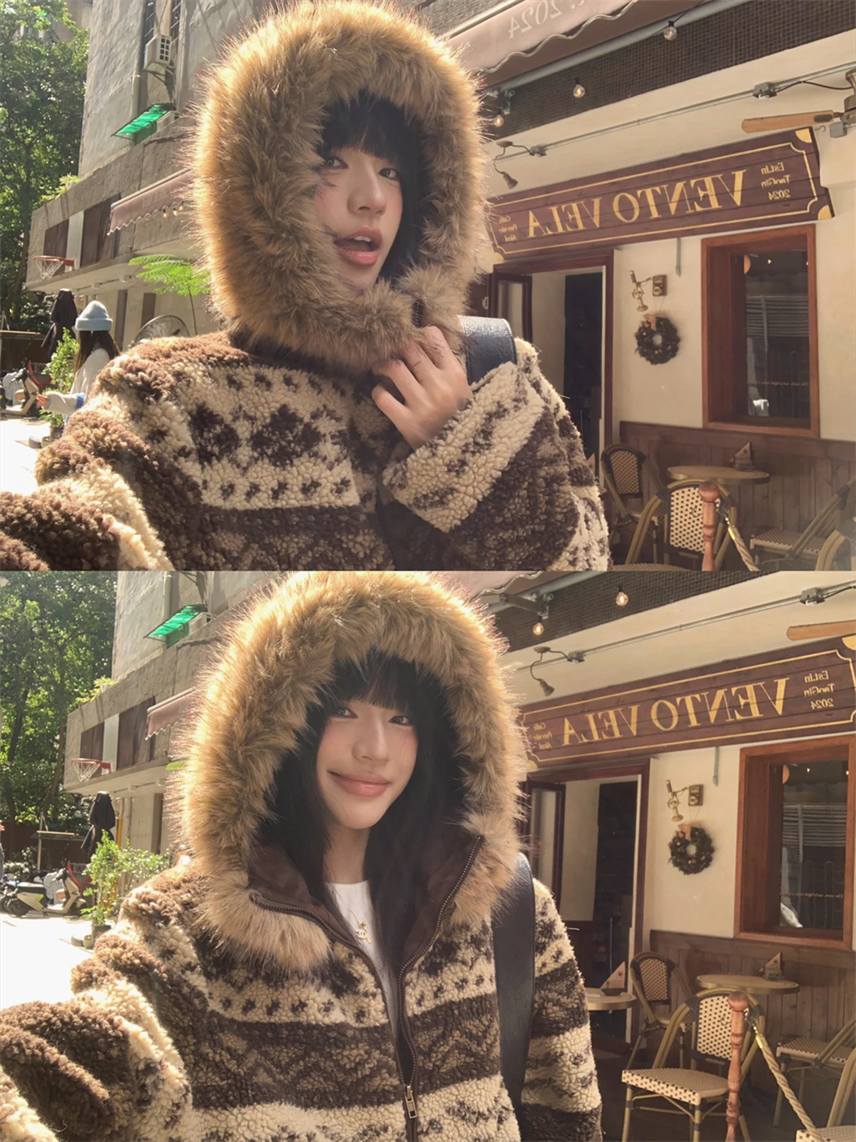 

Mening Retro Fair Isle Hooded Embroidered Lamb Fur Jaet Winter New Coffee Color Lazy Fur Collar Cotton Top Women's Coat