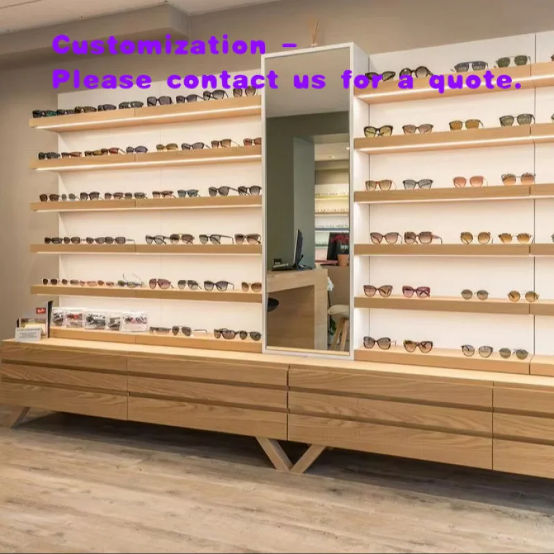 custom.Customized Modern Wooden LED Lit Eyewear Store Fixtures Sunglasses Wall Display Shelf Adjustable Height Retail Optica
