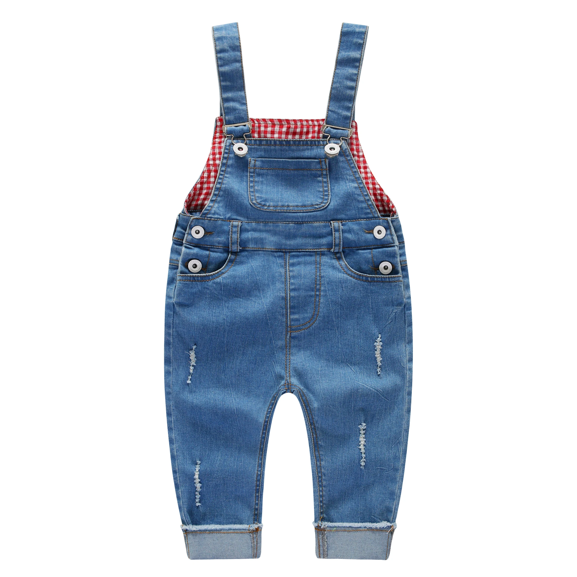 

KIDSCOOL SPACE Baby Toddler Boys Girls Spring Autumn Plaid Lining Denim Overalls Blue Hole Jeans Jumpsuit Romper