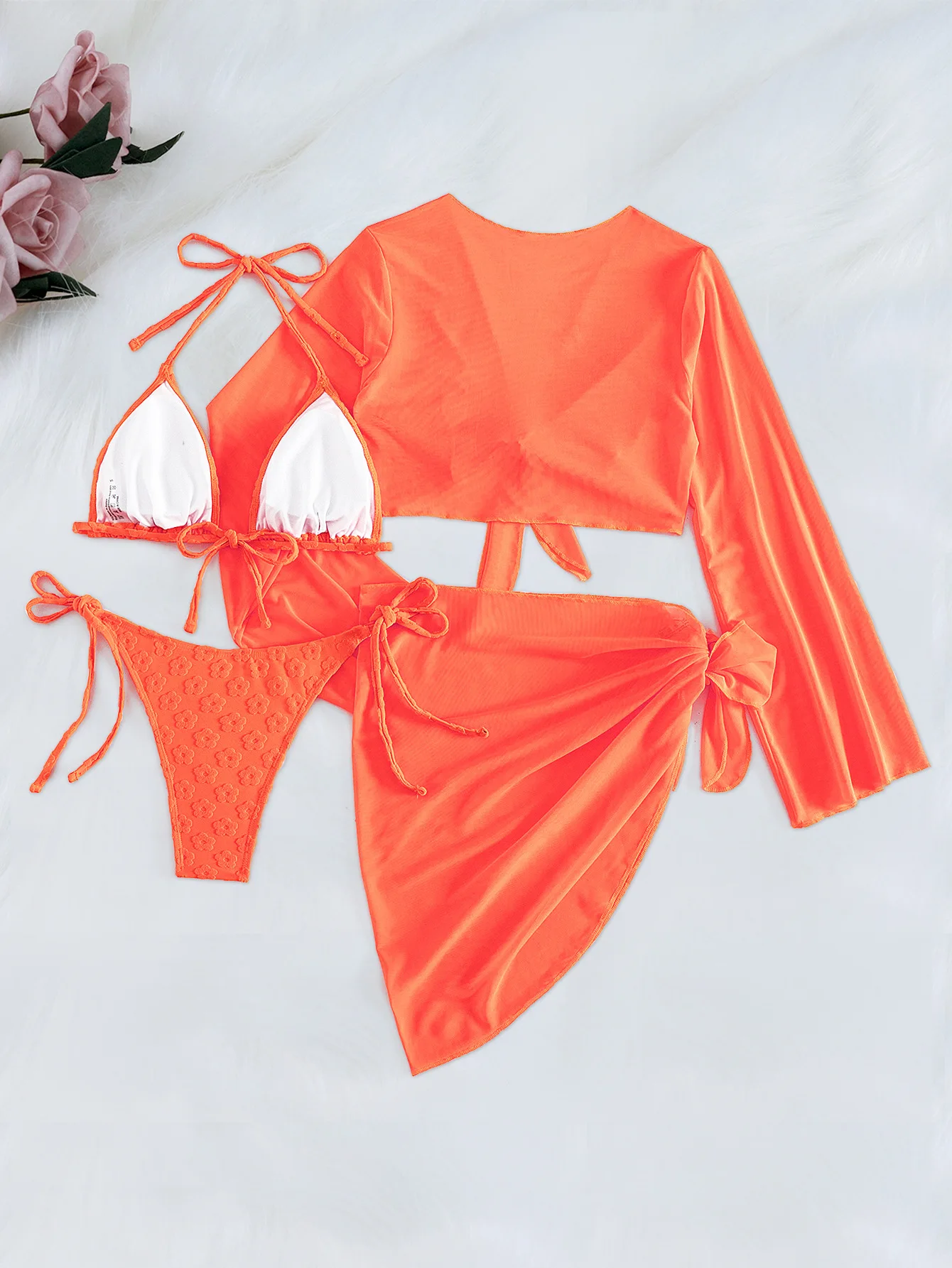 Bikini-Set für Damen, einfarbig, Orange, 4-teiliger Badeanzug, langärmelig, Überzüge, Strandrock, geteilte Badebekleidung, Badeanzug, 2025, neu