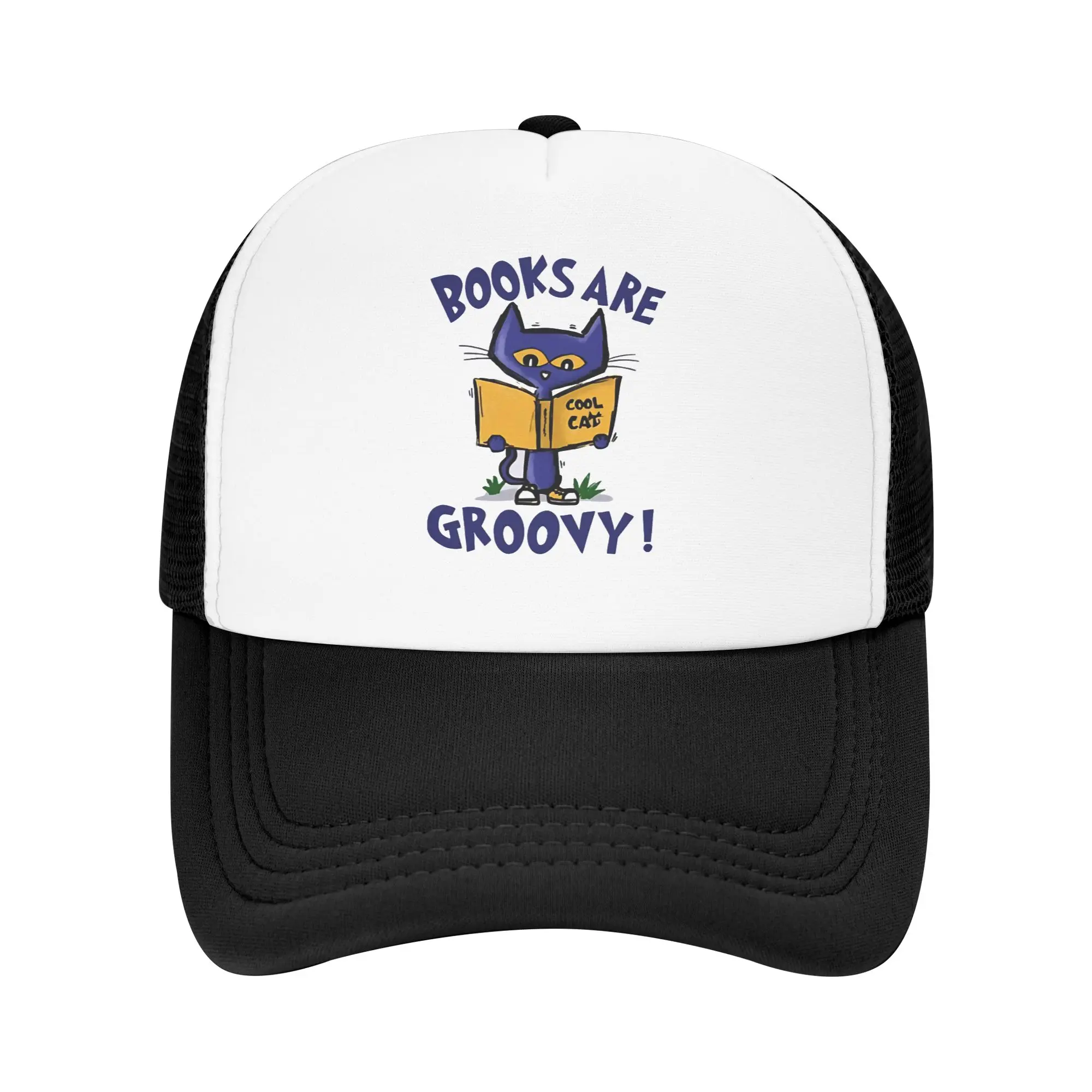 Petes the cat   Books Are Groovy Trucker Hat Unisex Cute Kitten Cap  Trucker Hat Adjustable Snapback Caps Mesh Baseball Cap