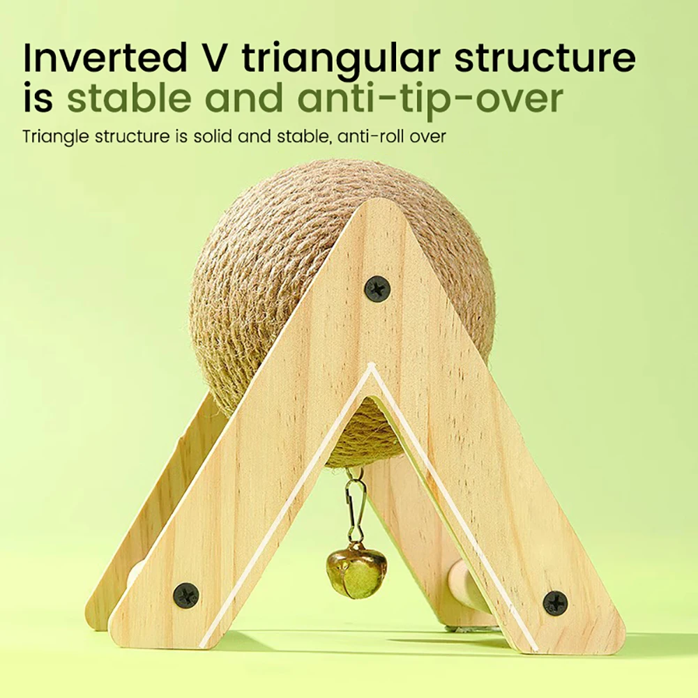 Rabbit Scratching Ball Toys Natural Sisal Rabbit Scratcher Ball With Bell Solid Wood Sturdy Triangle Structured Scratching Toy