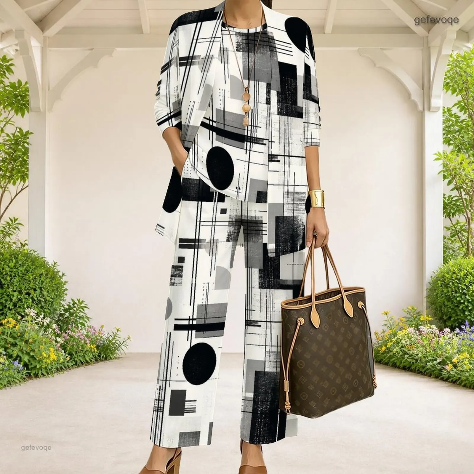 Women Radial Geometric Printed 3 Piece Pants Set 3/4 Sleeve Cardigan Sleeveless Top Long Pants Black White Orange - view 3