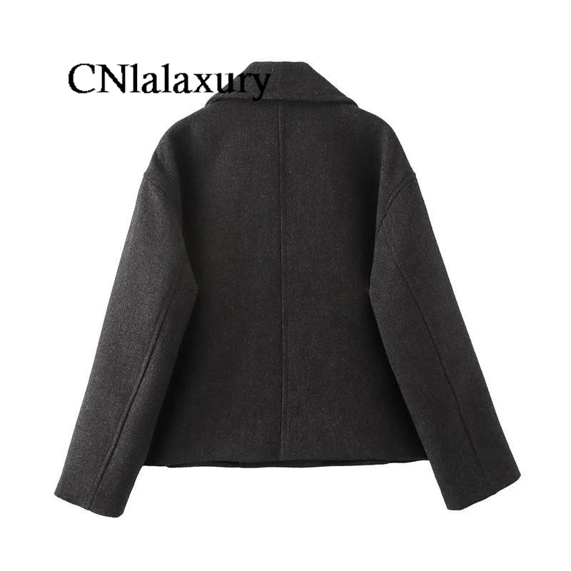 CNlalaxury Women Autumn Winter Double Breasted Woolen Coat Elegant Long Sleeves Short Jacket Fashion Lady Warm Street Outerwear