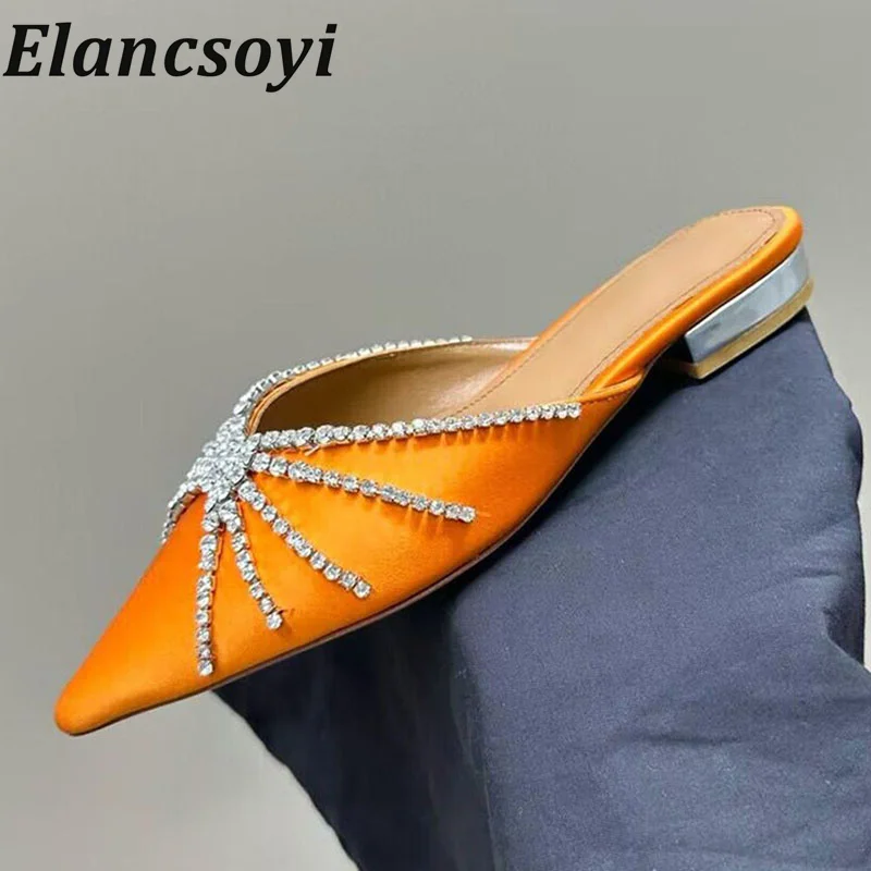 

Spring Summer Pointed Toe Satin Square Heel Slippers Women's Shiny Crystal Decoration Lazy Mules Outdoor Leisure Vacation Shoes