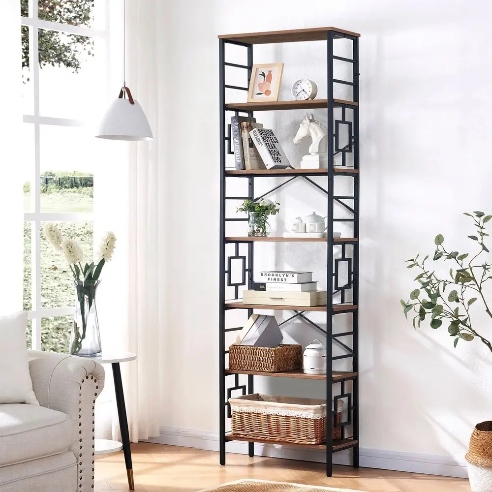Industrial 84 Metal Frame Bookshelf, 7-Tier Open Shelves, Rustic Brown for Home & Office
