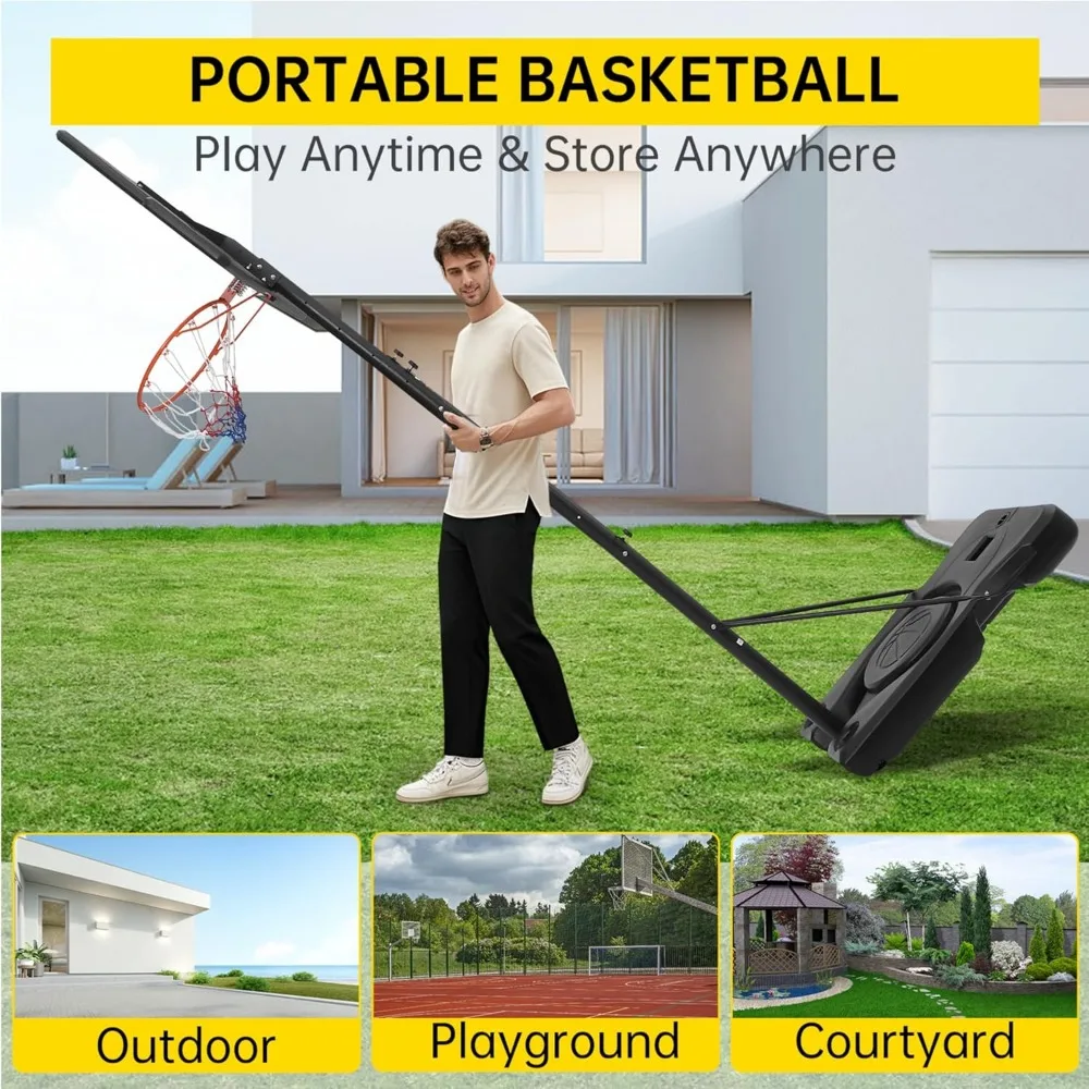 Sistema de portería de baloncesto portátil con altura ajustable, aro exterior de 4-10 pies, base ampliada y tablero de PC para cancha versátil