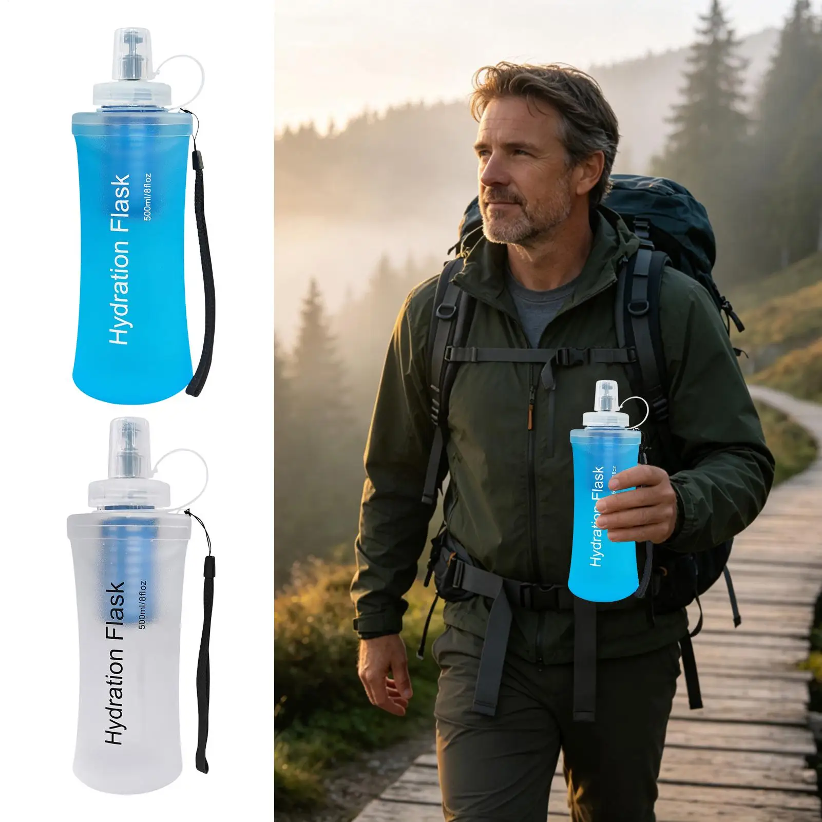 Running Water Bottle Foldable Reusable Wide-Mouth Flask With Filter Hiking Water Bottle For Travel Hiking Running Camping