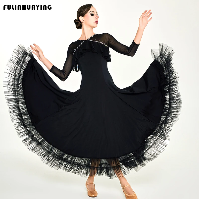 

Черное современное танцевальное платье для женщин, платье для соревнований по вальсу, стандартное платье для социальных танцев, платье для выступлений по танго, тренировочное платье, платье для бальных танцев