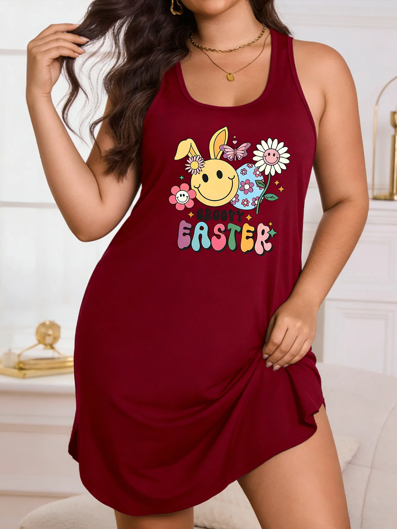 

Женское модное платье-майка больших размеров с пасхальным принтом, подходящее как для дома, так и для улицы.