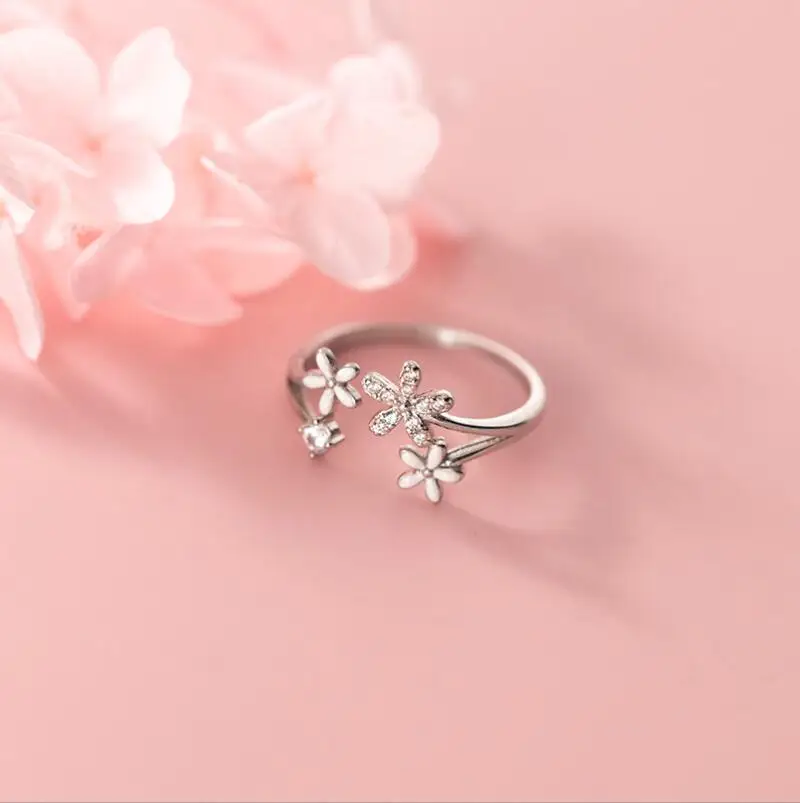 

Real 925 Sterling Silver Zircon Sweet Flower Adjustable Ring For Women Plant Fine Jewelry Minimalist Accessories Party Gift