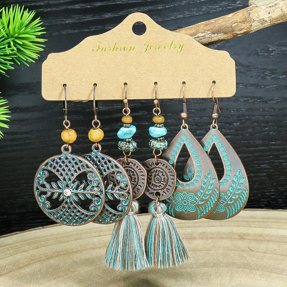 Vintage Ethnic Style Water Drop Flower Leaf Tassel Earrings Set for Women  Bronze Hollow Carved Geometric Dangle Earring Jewelry