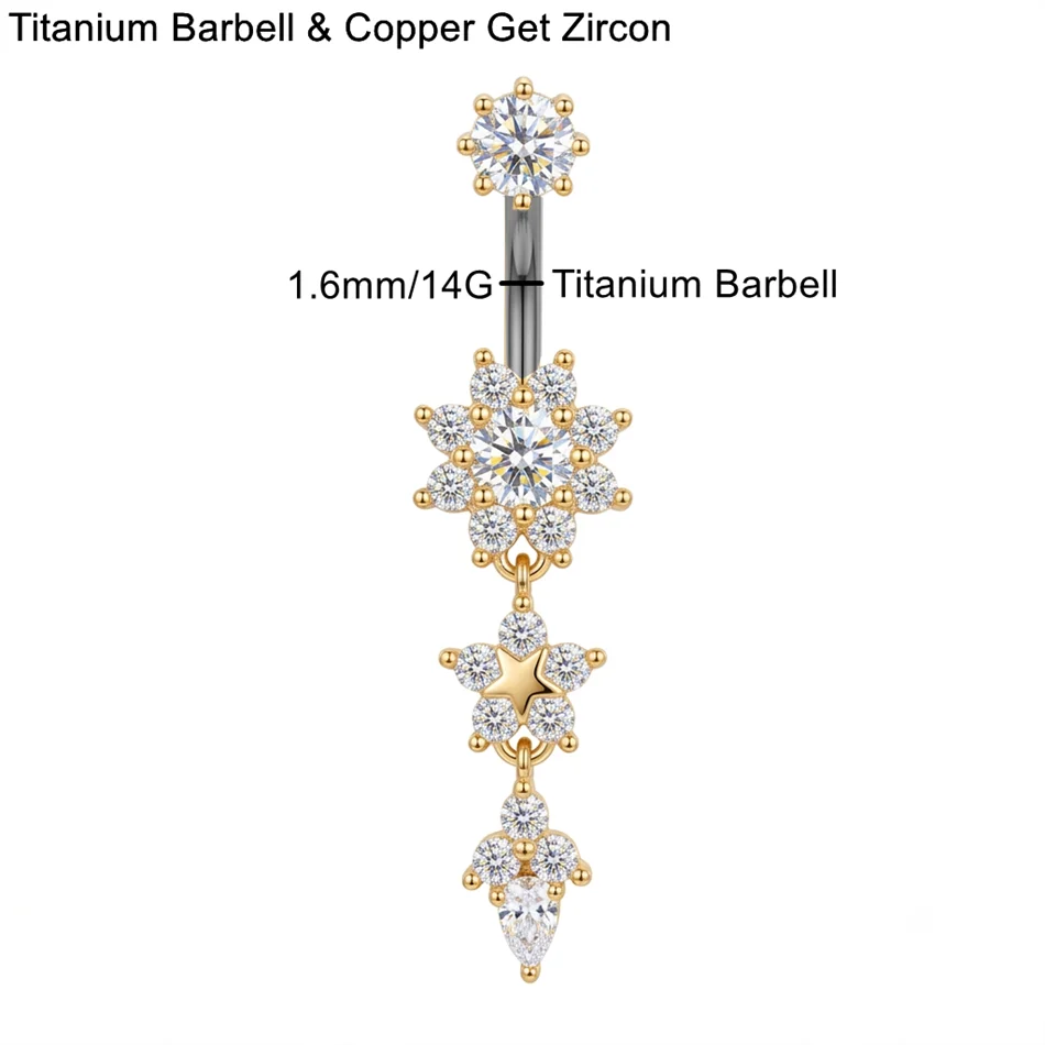 14G Titan Bauchnabelpiercing Barbell mit langen Anhängern, Bauchnabelringe mit Zirkonia-Blumen und Schmetterlingen, Bauchnabel-Curve für Damen, Körperschmuck