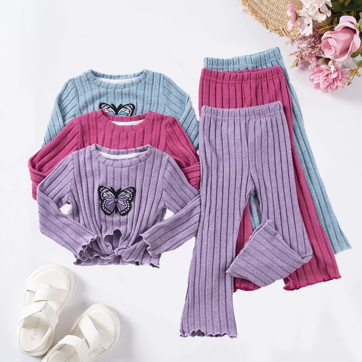 Autumn/Winter Girls Long Sleeve Butterfly Children\'s Clothing Casual Two Piece Wave Edge Top + Pants Skin Friendly