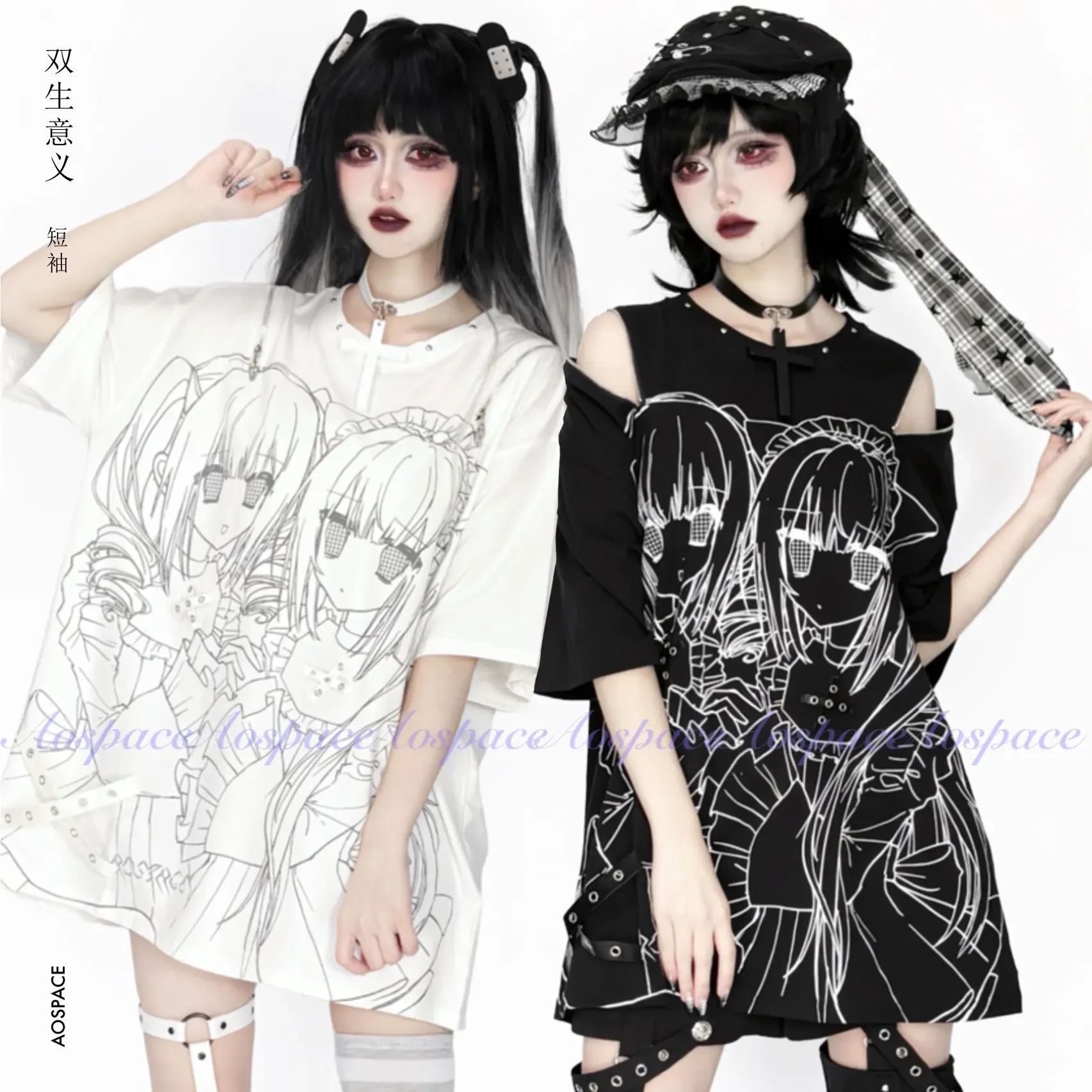 IMU Original Subculture 2D Anime Print Oversize Short Sleeve T-Shirt Summer Girl's Kawaii Top Harajuku Aesthetic Gothic Clothing