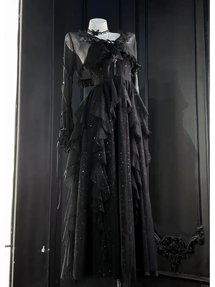 

Moonlight Secrets A Subtle Sparkling Black Lotus Leaf Dress with Starry Design for Summer Women