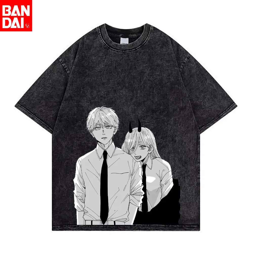 Chainsaw Man Denji Power Manga Panel Vintage Washed T-Shirt 2026 Sommer Oversized Streetwear Anime Grafik-T-Shirt für Herren und Damen
