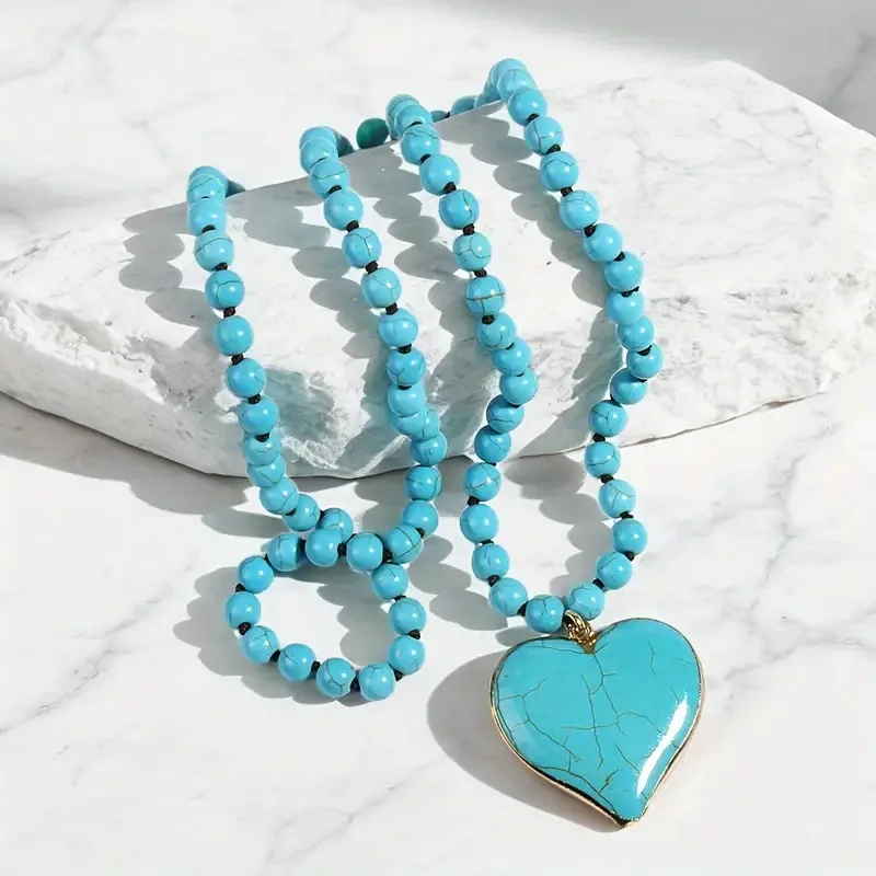 Ethnic style Creative turquoise necklace Women's heart pendant Vintage turquoise long necklace sweater chain