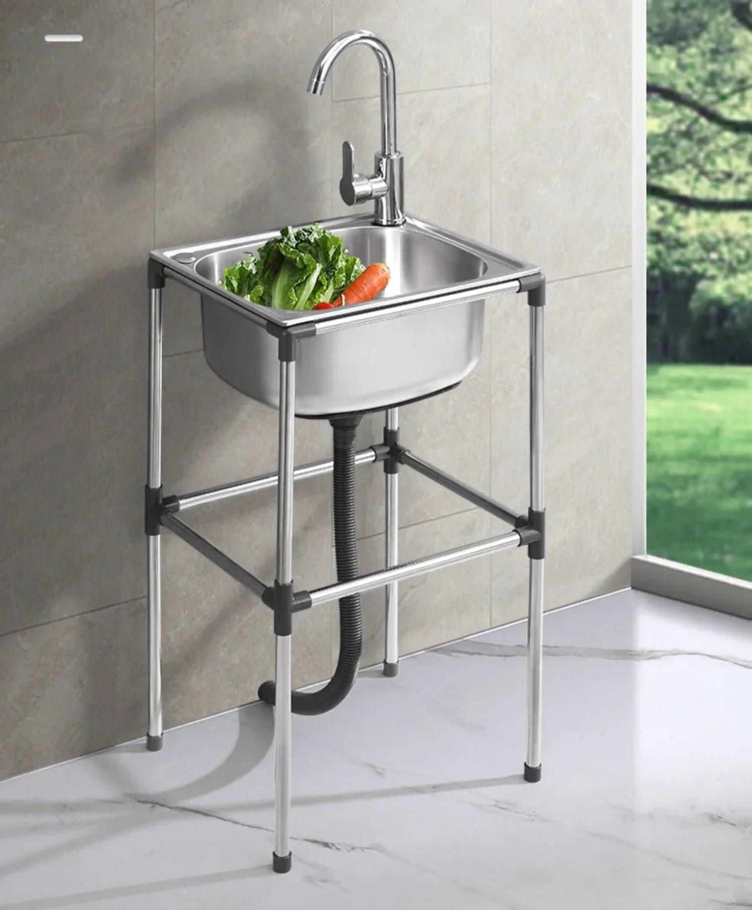 Thickened stainless steel vegetable washing basin with single slot and bracket in the kitchen Dish sink sink