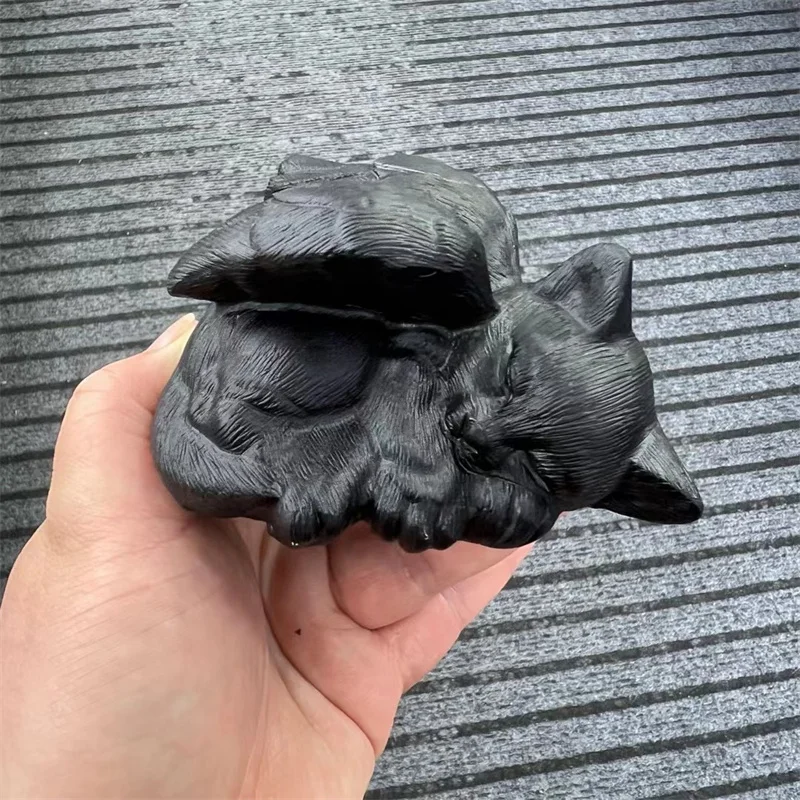 

10CM Natural Black Obsidian Angel Wing Dog Carving Animal Healing Fengshui Stone Crafts For Holiday Gift 1PCS